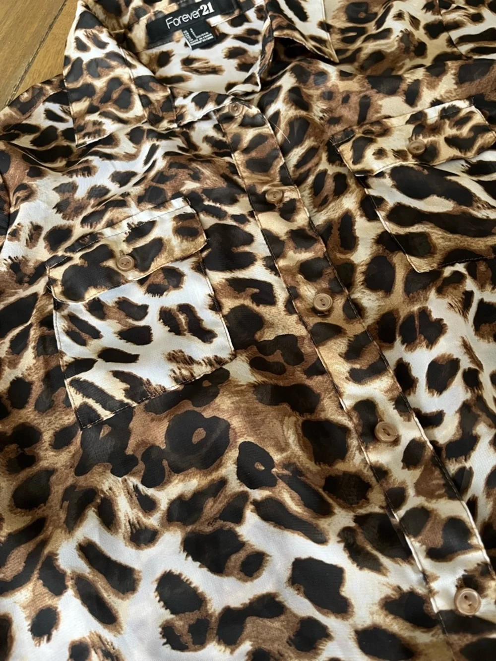 Forever 21 Sheer Brown Black Cream Leopard Print Button Up Blouse size small - Picture 5 of 9